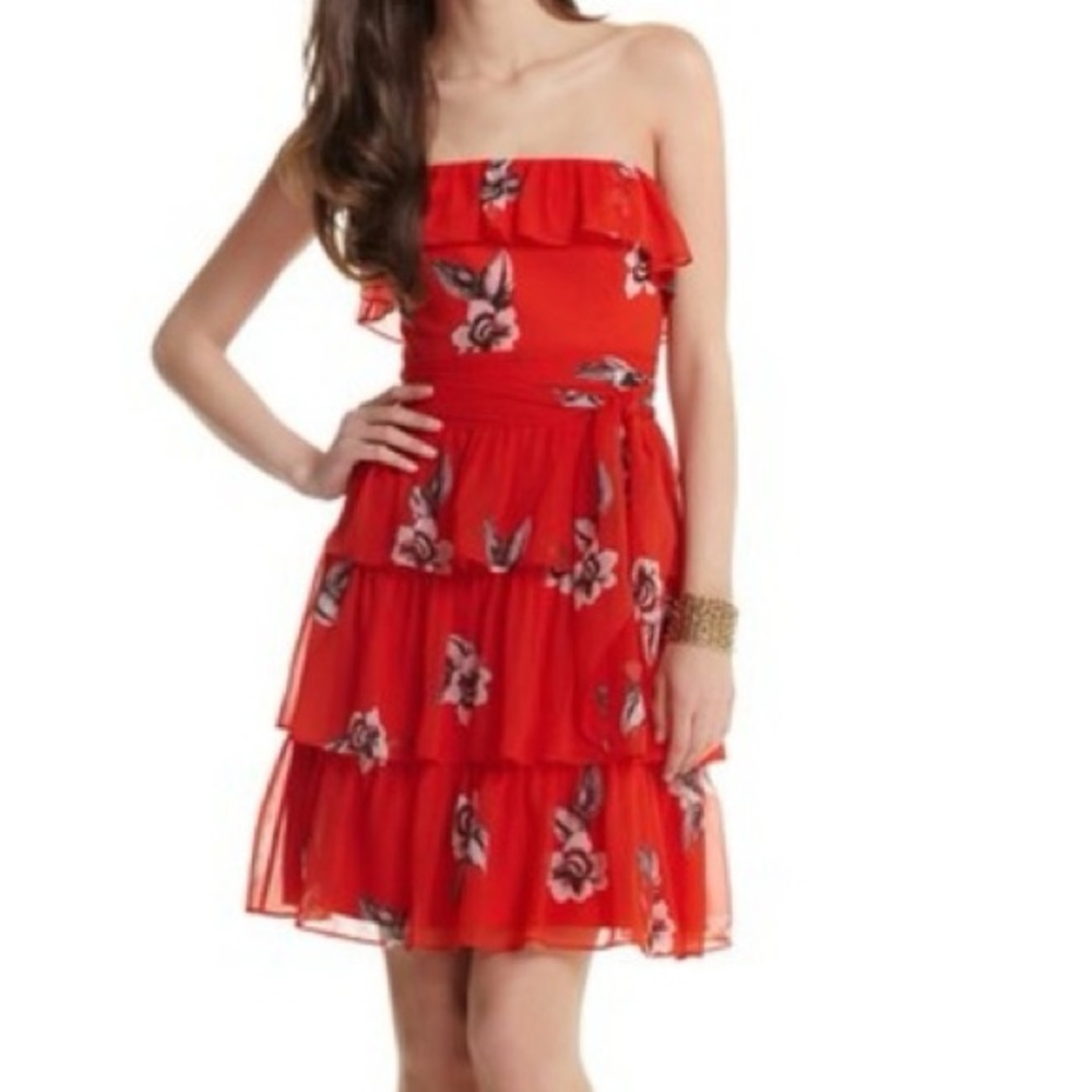 White House Black Market Strapless Red Dress with Floral Pattern